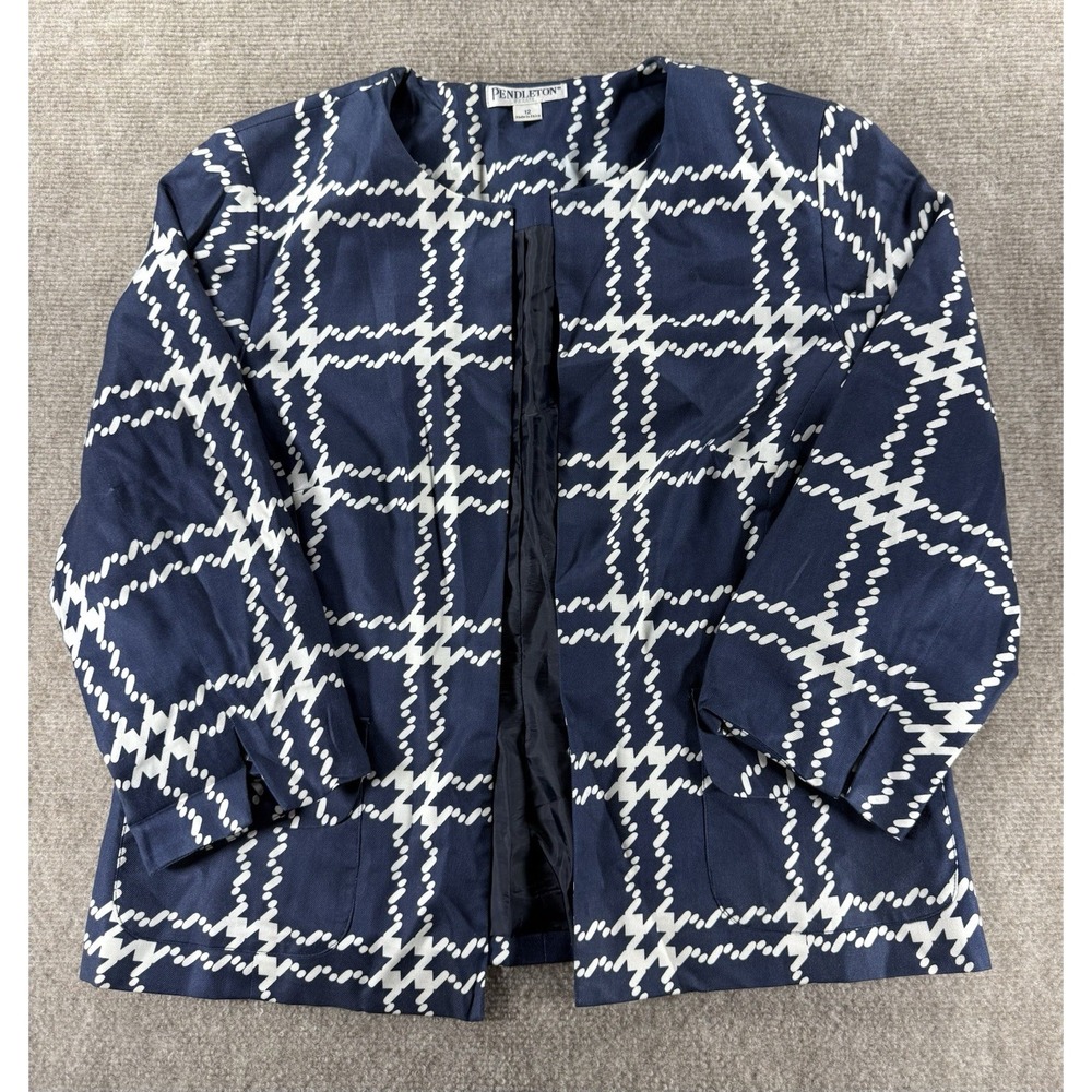 Pendleton Jacket Womens 12 Petite Blue White Plaid Open Silk Career Work‎ Blazer